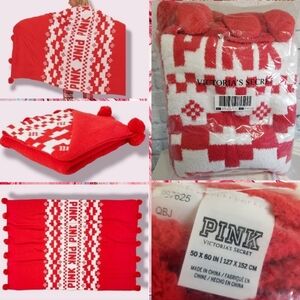PINK Victoria’s Secret Logo Marshmallow Sherpa Blanket Pom Tassels New 50” x 60”